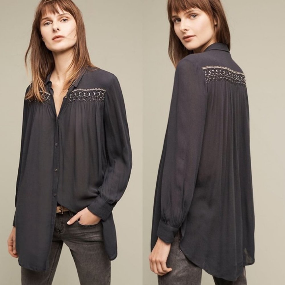 Anthropologie Floreat blue long gauze beaded shirt